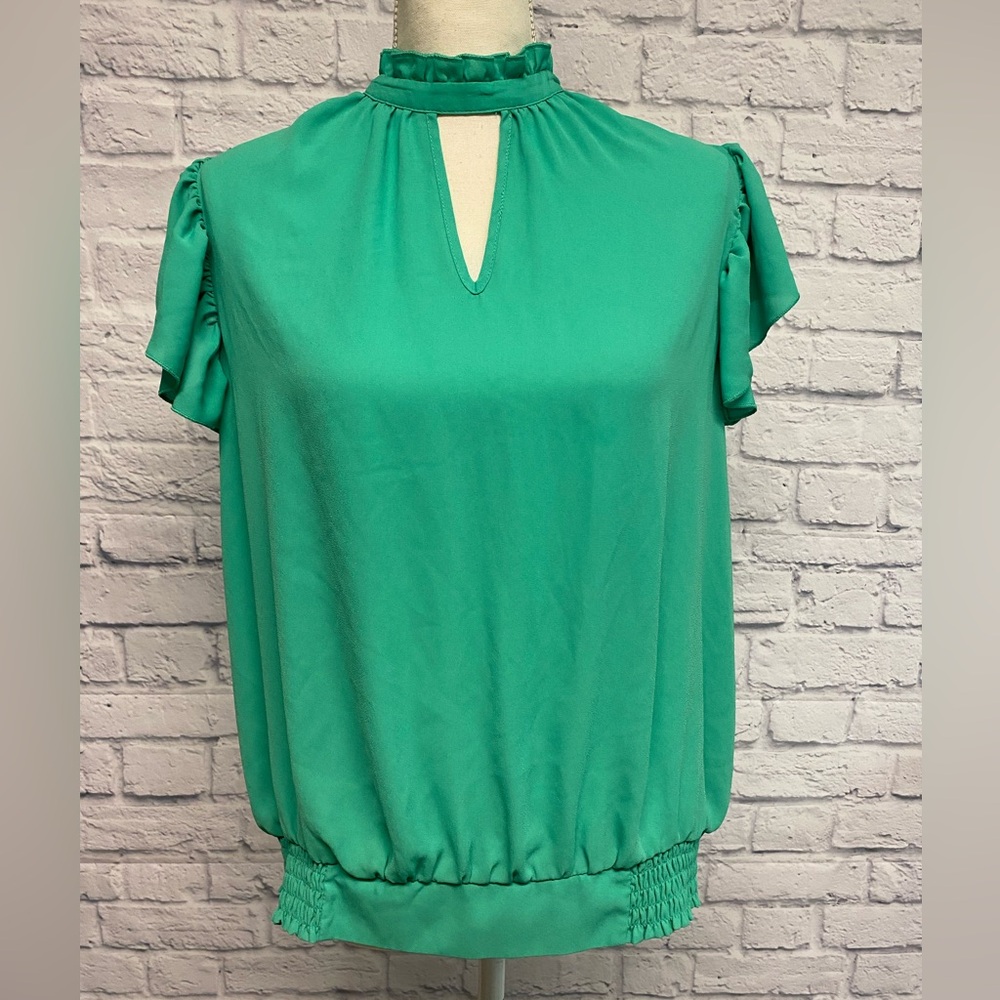 NY & Co Green Flutter Sleeve Banded Waist Top Size Large